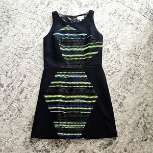 Milly neon geometric tweed knit high neck sheath dress